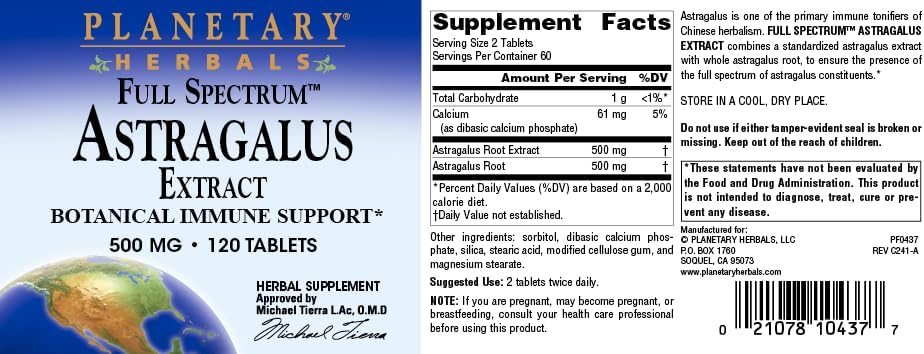 Planetary Herbals Full Spectrum Astragalus Extract, Botanical for Immune System Support 500 mg - 120 Tablets