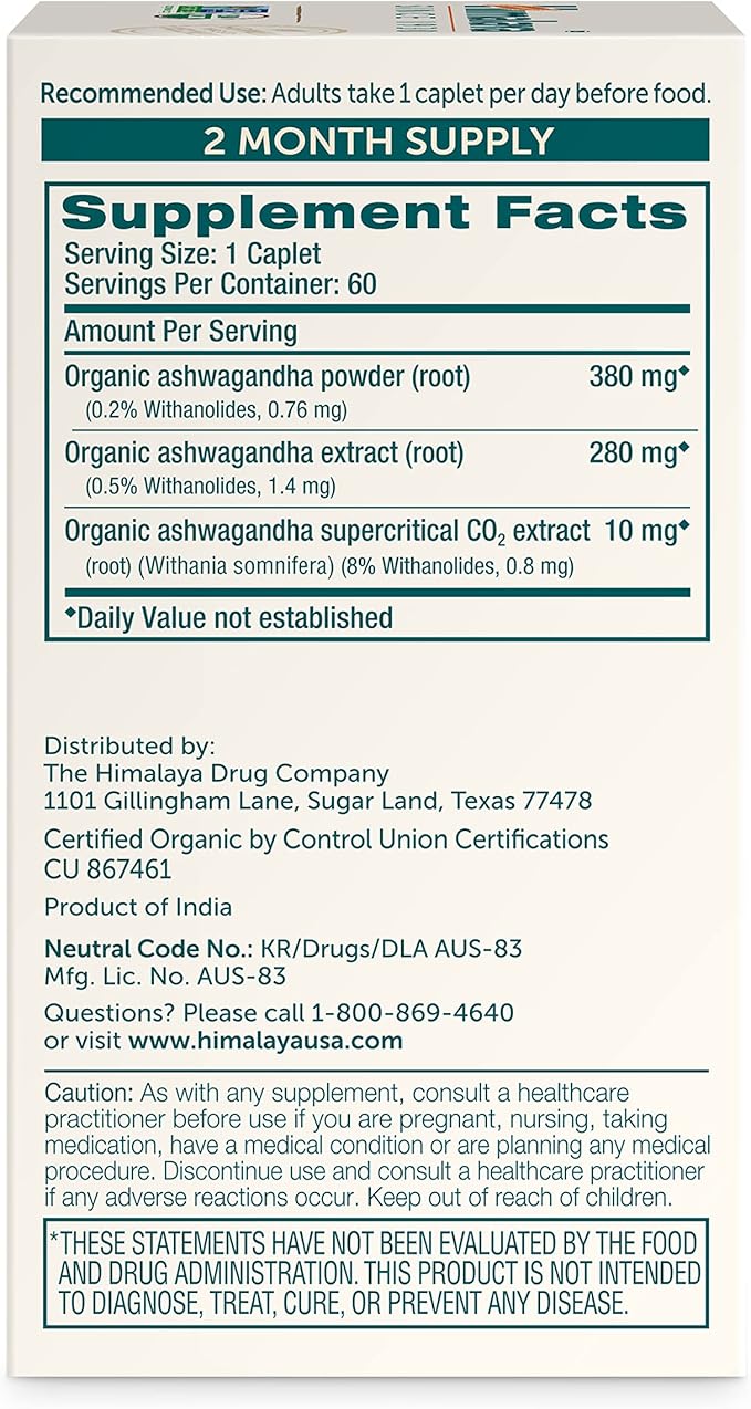 Himalaya Organic Ashwagandha Root, 60 Day Supply