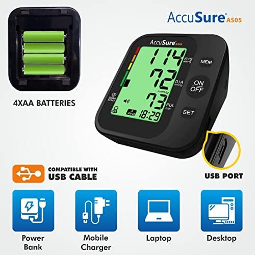 AccuSure Blood Pressure Monitor 3 Color Smart Display Technology & Adjustable Arm Cuff Fully Automatic Arm-Type Digital Bp Monitor With Option For Micro Usb Port